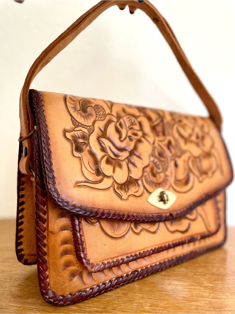 1940s Vintage Tooled Leather Large Shoulder Bag